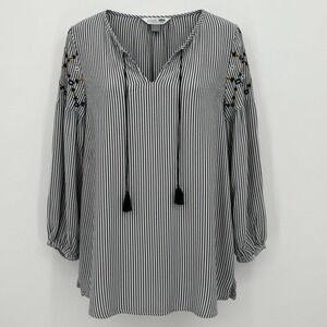 Old Navy Striped Boho Embroidered Sleeve Tassel Peasant Top Sz Medium Navy White